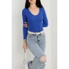 V yaka kaşkorse bluz saks mavisi a3699