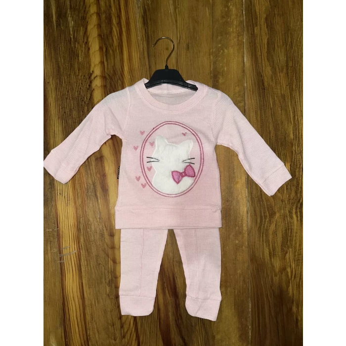 3-12 aylık kedi desen işlemeli takım pembe