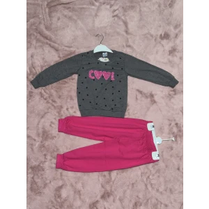 3-7 yaş pontiyeli ikili alt üst takım gri fuşya kız çocuk