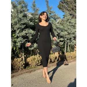 V yaka Uzun kollu midi boy elbise siyah A3154