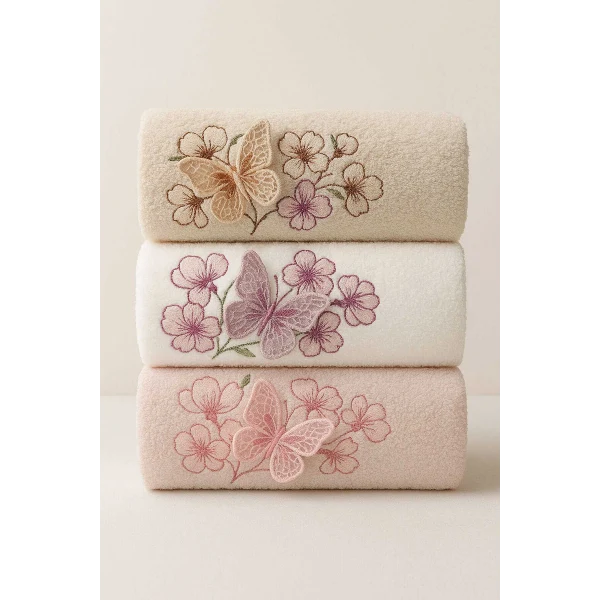 3lü Lüks %100 Pamuklu Mutfak Havlusu Seti 3D Kelebek Aplikeli 30x50 Cm