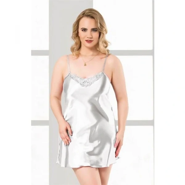 Arias Closet Büyük Beden Beyaz Kısa Saten Gecelik