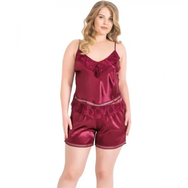 Arias Closet Büyük Beden Bordo Saten Babydoll Şort Takımı