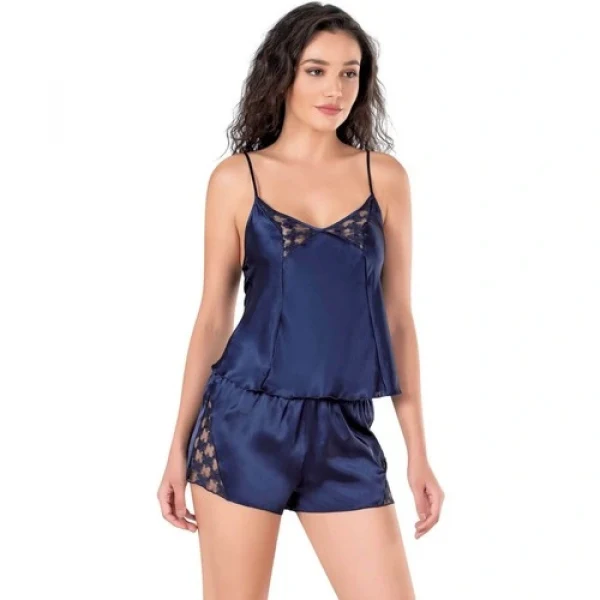 Arias Closet Lacivert Saten Babydoll Şort Takımı