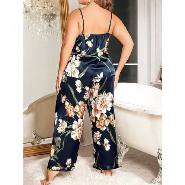 Arias Closet Büyük Beden Mavi Üstüne Çiçek Desenli Ince Askılı 2li Saten Pijama Takımı
