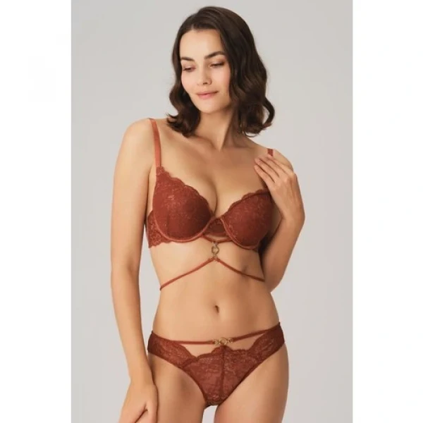 Arias Closet Balenli Destekli Dolgulu Göbek Detaylı Dantelli Sütyen ve Slip Takım