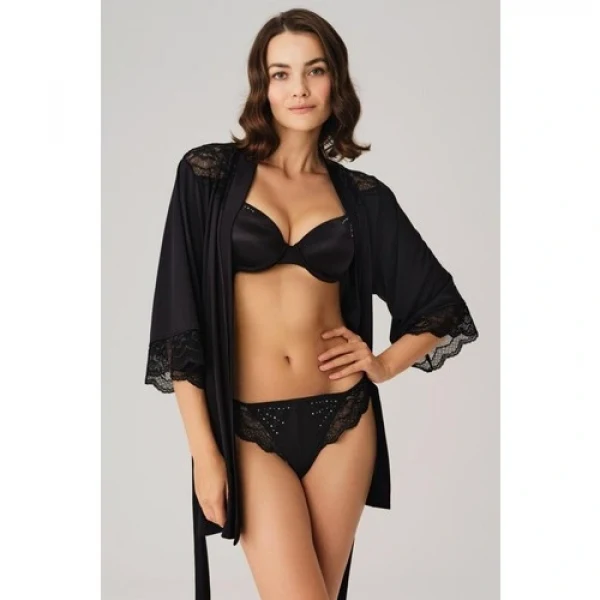 Arias Closet Dantelli Sabahlık Balenli Destekli Dolgulu Taşlı Sütyen ve String 3lü Takım