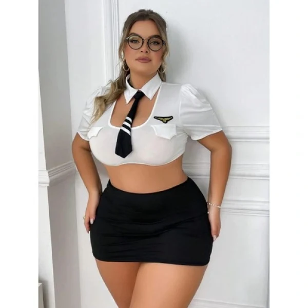 Arias Closet Büyük Beden Beyaz Bolerolu Mini Etekli Fantezi Havacı Kız Kostümü