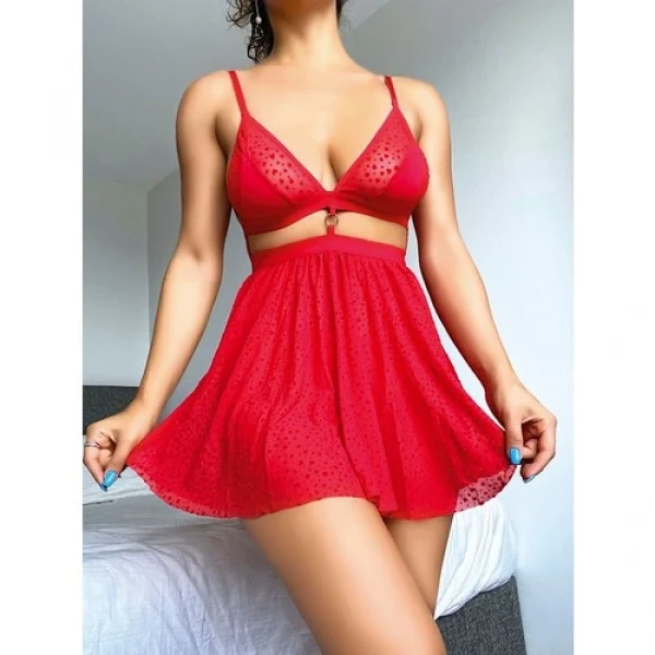 Arias Closet Kırmızı Desenli Mini Etekli Sütyen Takımı