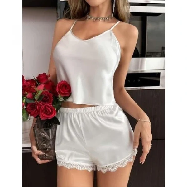 Arias Closet Beyaz Dantel Işlemeli Ince Askılı Saten Şortlu Takım