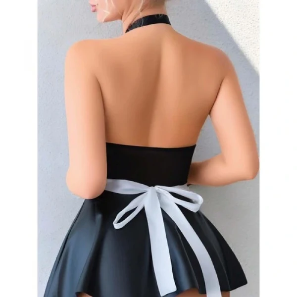 Arias Closet Siyah Göğüs Dekolteli Boyundan Bağlamalı Mini Etekli Fantezi Deri Hizmetçi Kostü