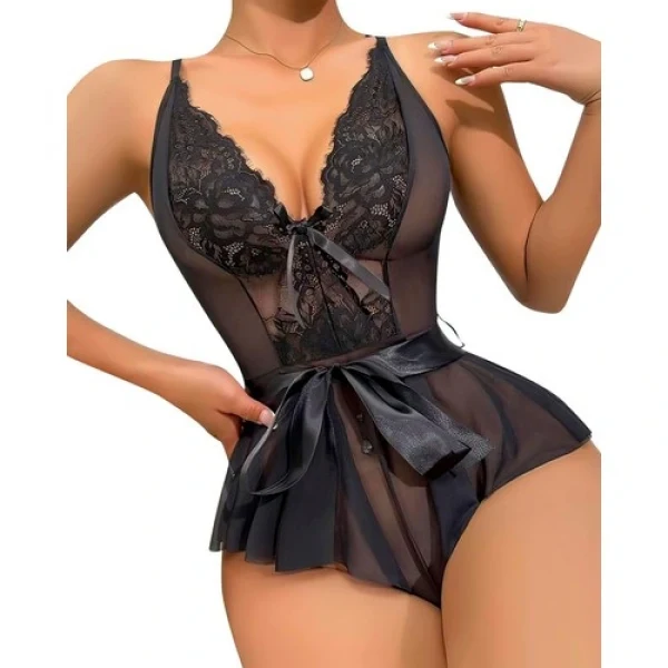 Arias Closet Siyah Dantel Işlemeli Kurdelalı Fantezi Tül Babydoll