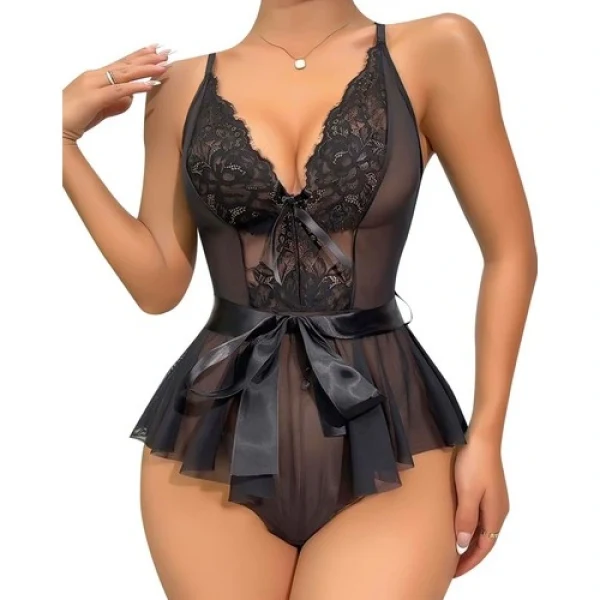 Arias Closet Siyah Dantel Işlemeli Kurdelalı Fantezi Tül Babydoll
