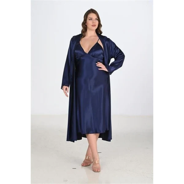 Arias Closet Premium Büyük Beden Saten Lacivert Uzun 2li Gecelik Sabahlık Takımı Bigsize