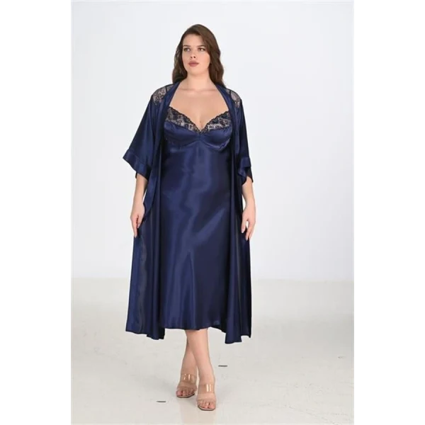 Arias Closet Premium Büyük Beden Saten Dantel İşlemeli Lacivert Uzun 2li Gecelik Sabahlık Takımı Bigsize