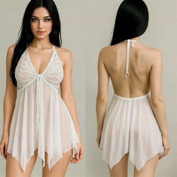 Arias Closet Göğüs Kelebek Detaylı Fantezi Tül Beyaz Gecelik