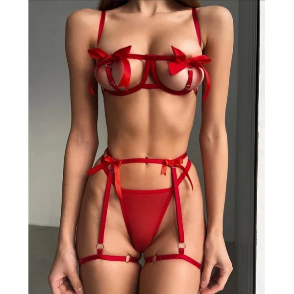 Arias Closet Özel Tasarım Kırmızı Kurdela Detaylı Jartiyerli Fantezi Sütyen String Takımı