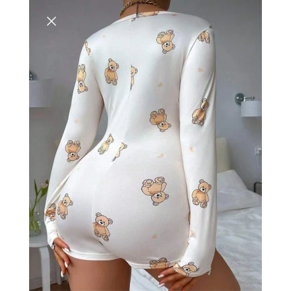 Arias Closet Pamuklu Beyaz Ayıcık Desenli Düğmeli Uzun Kol Tulum Pijama