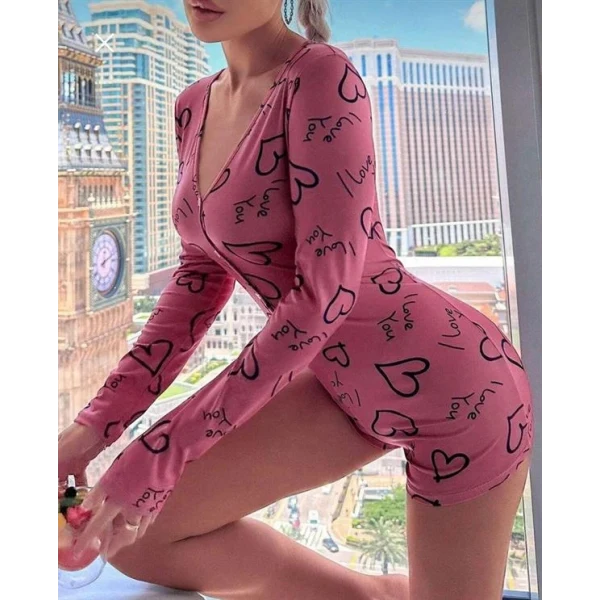 Arias Closet Pamuklu Pembe Siyah Kalp Desenli Düğmeli Uzun Kol Tulum Pijama