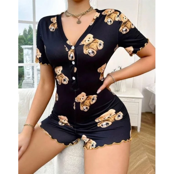 Arias Closet Pamuklu Siyah Ayıcık Desenli Düğmeli Tulum Pijama