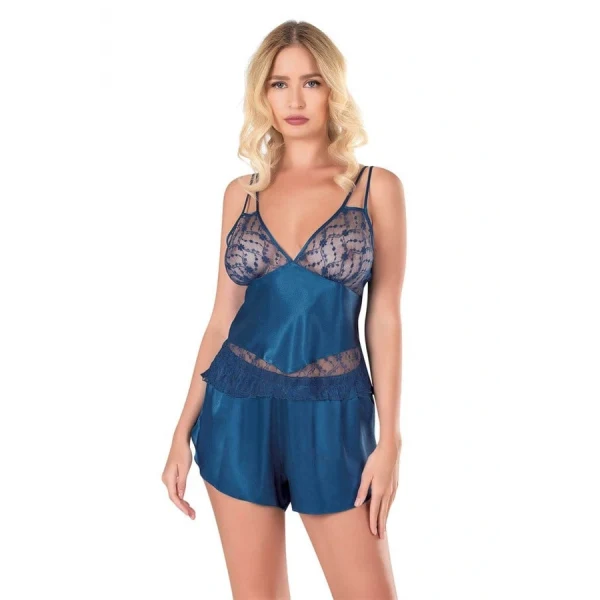 Arias Closet Petrol Mavisi Saten Babydoll Şort Takımı