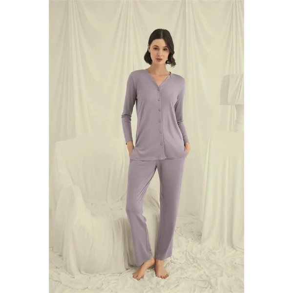Arias Closet Uzun Kollu Boydan Düğmeli V Yaka Pijama Takımı