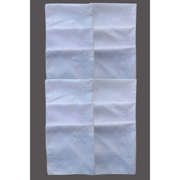 Çiçek İşlemeli Bayan Mendili 12 Adet 28x28 cm 100 Pamuk