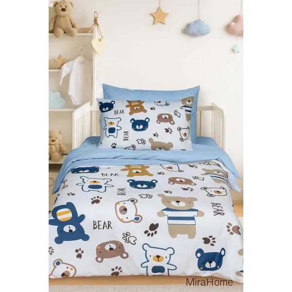 Dijital Baskılı 3d Pamuklu Yenidoğan Bebek Nevresim Takımı Bear Toy Blue