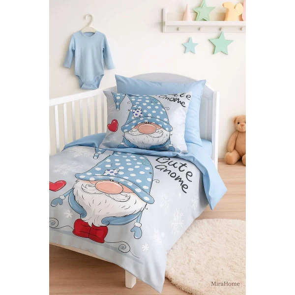 Dijital Baskılı 3d Pamuklu Yenidoğan Bebek Nevresim Takımı Cute Gnome Blue