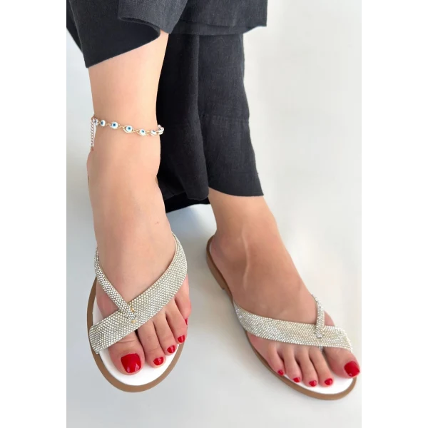 Eday Gümüş Boncuk İşlemeli Terlik