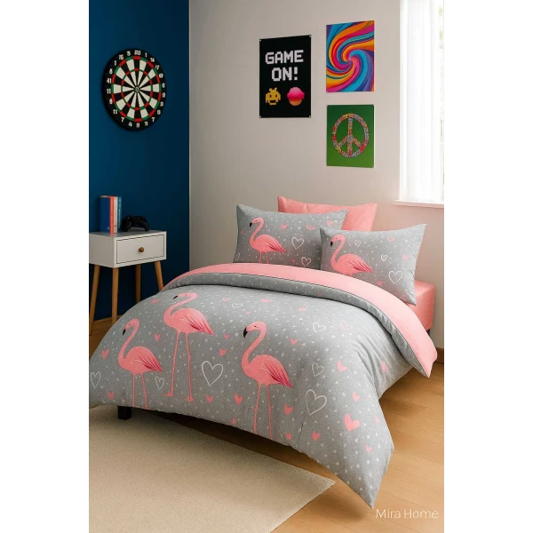 Flamingo Desenli  Pamuklu Tek Kişilik Nevresim Takımı
