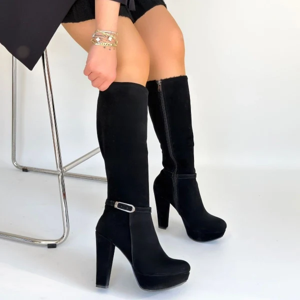 Tekja Siyah Süet Topuklu Çizme