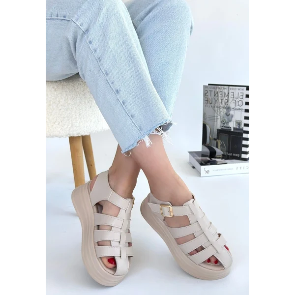 Toten Bej Cilt Kemerli Sandalet