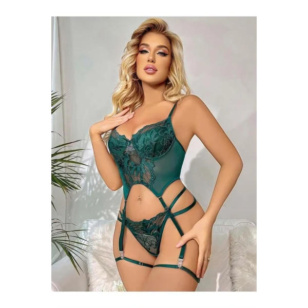 Transparan Yeşil Dantel İşlemeli Büstiyerli Jartiyer Takımı