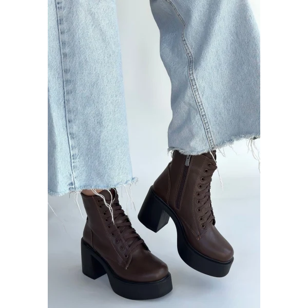 Tsan Kahverengi Cilt Bağcıklı Topuklu Bot