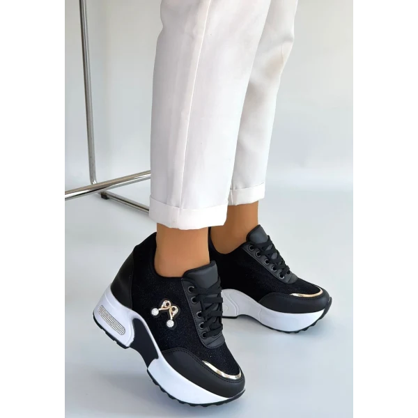 Wody Siyah Cilt Simli Bağcıklı Spor Ayakkabı