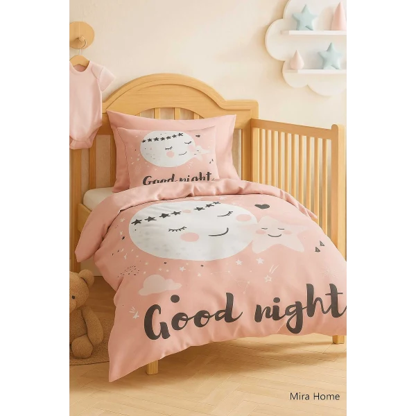 Yenidoğan Kız Bebek Nevresim Takımı %100 Pamuklu Good Night