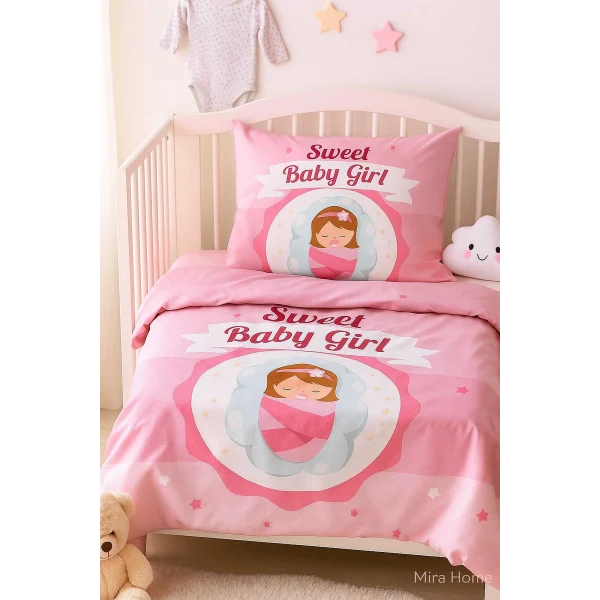 Yenidoğan Kız Bebek Nevresim Takımı %100 Pamuklu Sweet Baby Girl