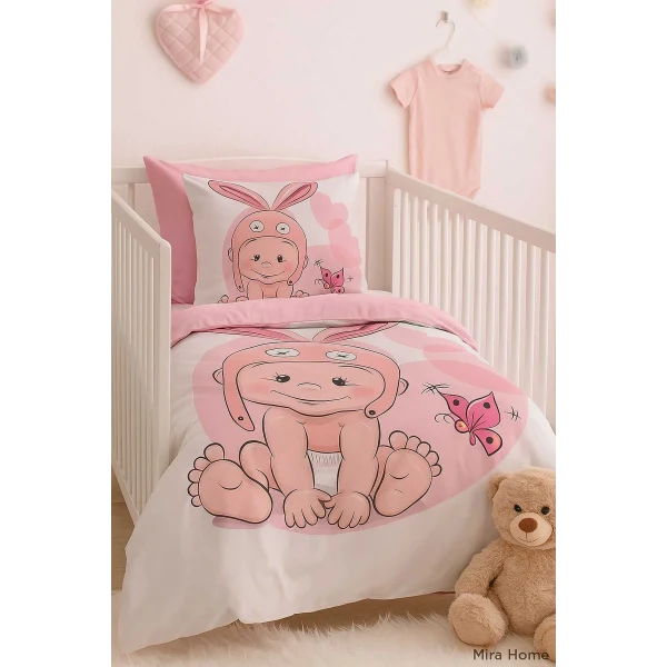 Yenidoğan Kız Bebek Nevresim Takımı %100 Pamuklu Tavşan Kulak