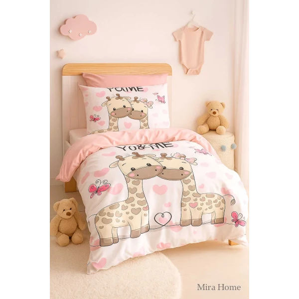 Yenidoğan Kız Bebek Nevresim Takımı %100 Pamuklu Zürafa