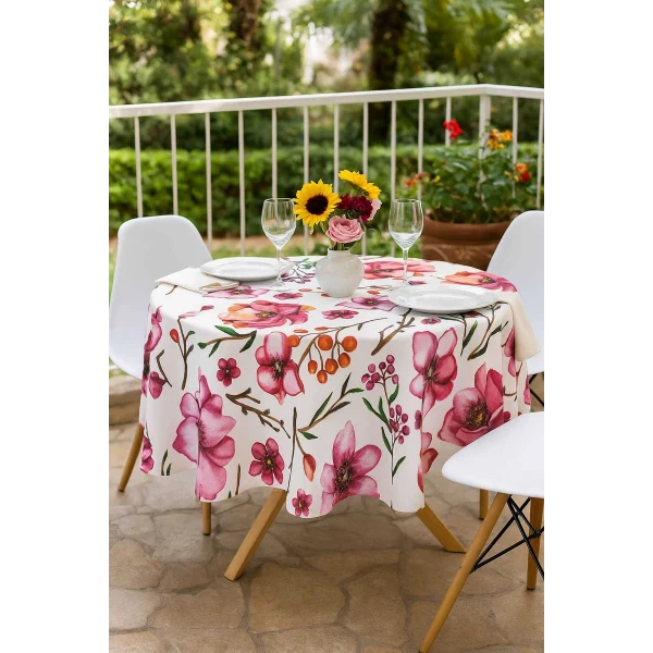 Yuvarlak Çiçek Desenli Duck Kumaş Masa Örtüsü 150x150 Cm