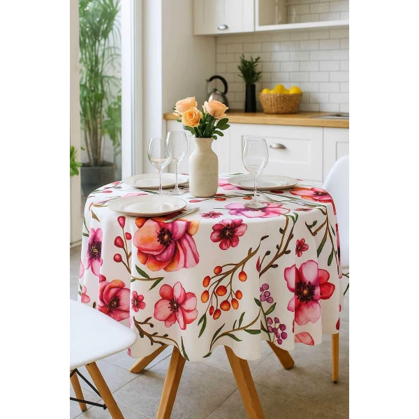 Yuvarlak Çiçek Desenli Duck Kumaş Masa Örtüsü 150x150 Cm