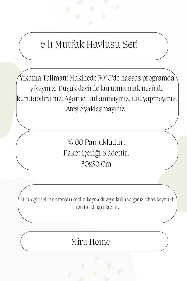 6 Parça Mutfak Havlusu Seti %100 Pamuklu Dalga