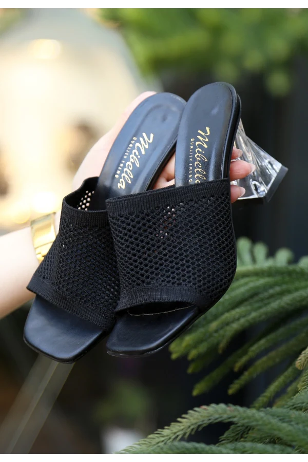 Akva Siyah Triko Şeffaf Topuklu Terlik