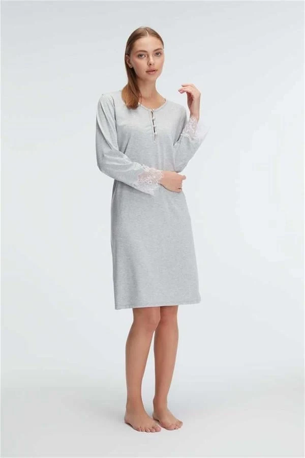 Anıl 11312 Kol V Yaka Kadın Polyester Elastan DÜZ Yazlık Örme Normal Bel Mini Dantel Detaylı Gecelik