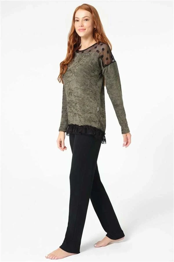 Anıl 9084 Uzun Kol Bisiklet Yaka Polyester Elastan düz Kışlık Örme Normal Bel Transparan Tül Detaylı Pijama Takımı