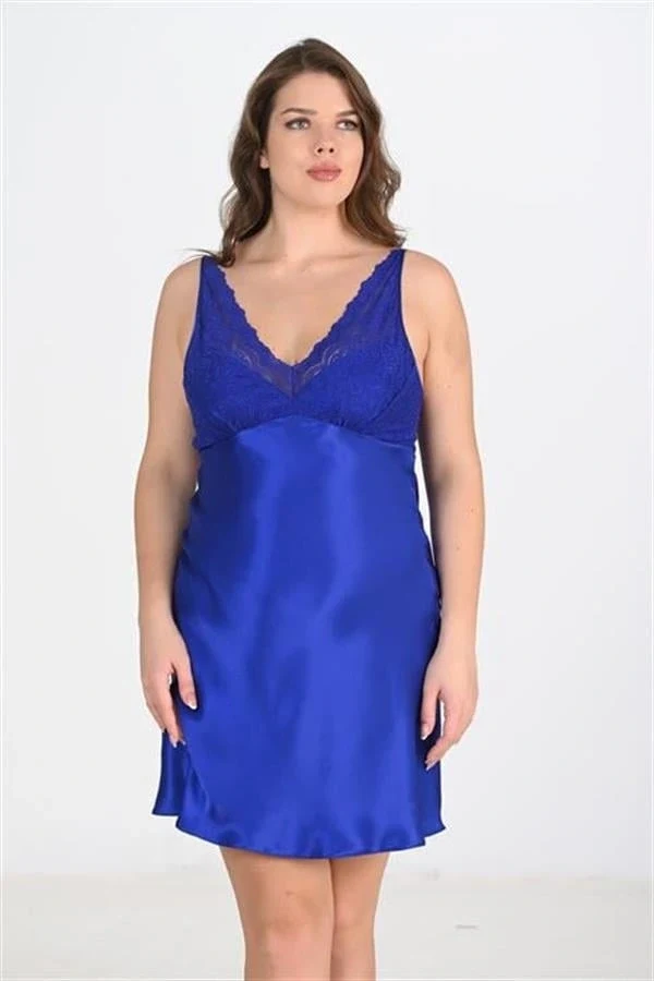Arias Closet Premium Büyük Beden Saten Dantel İşlemeli Saks 2li Gecelik Sabahlık Takımı Bigsize