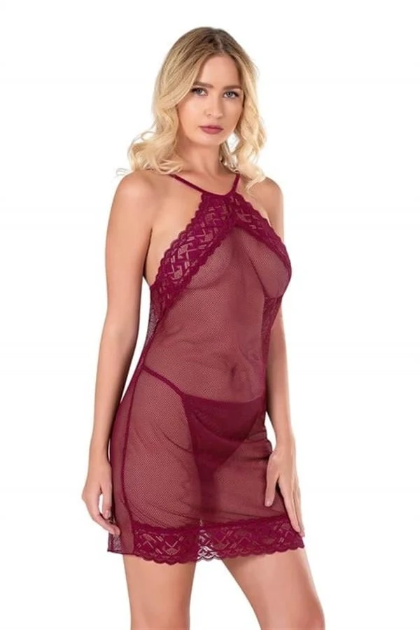 Arias Closet Bordo Kısa File-Tül Gecelik 8132