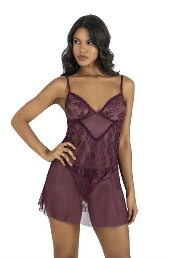 Arias Closet Dantel İşlemeli Mürdüm Kısa Tül Gecelik