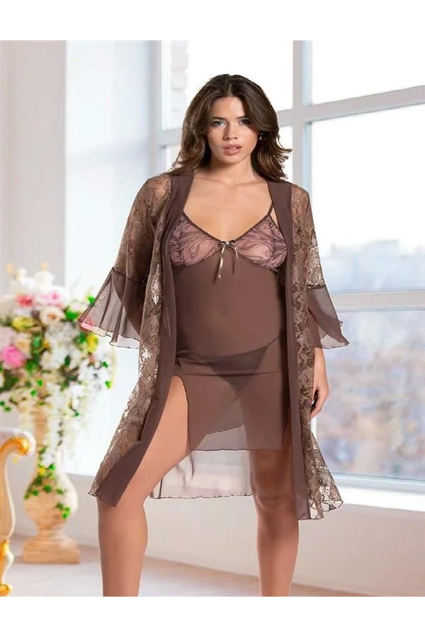Arias Closet Haki Transparan Dantel İşlemeli Tül Yırtmaçlı 2li Gecelik Takımı